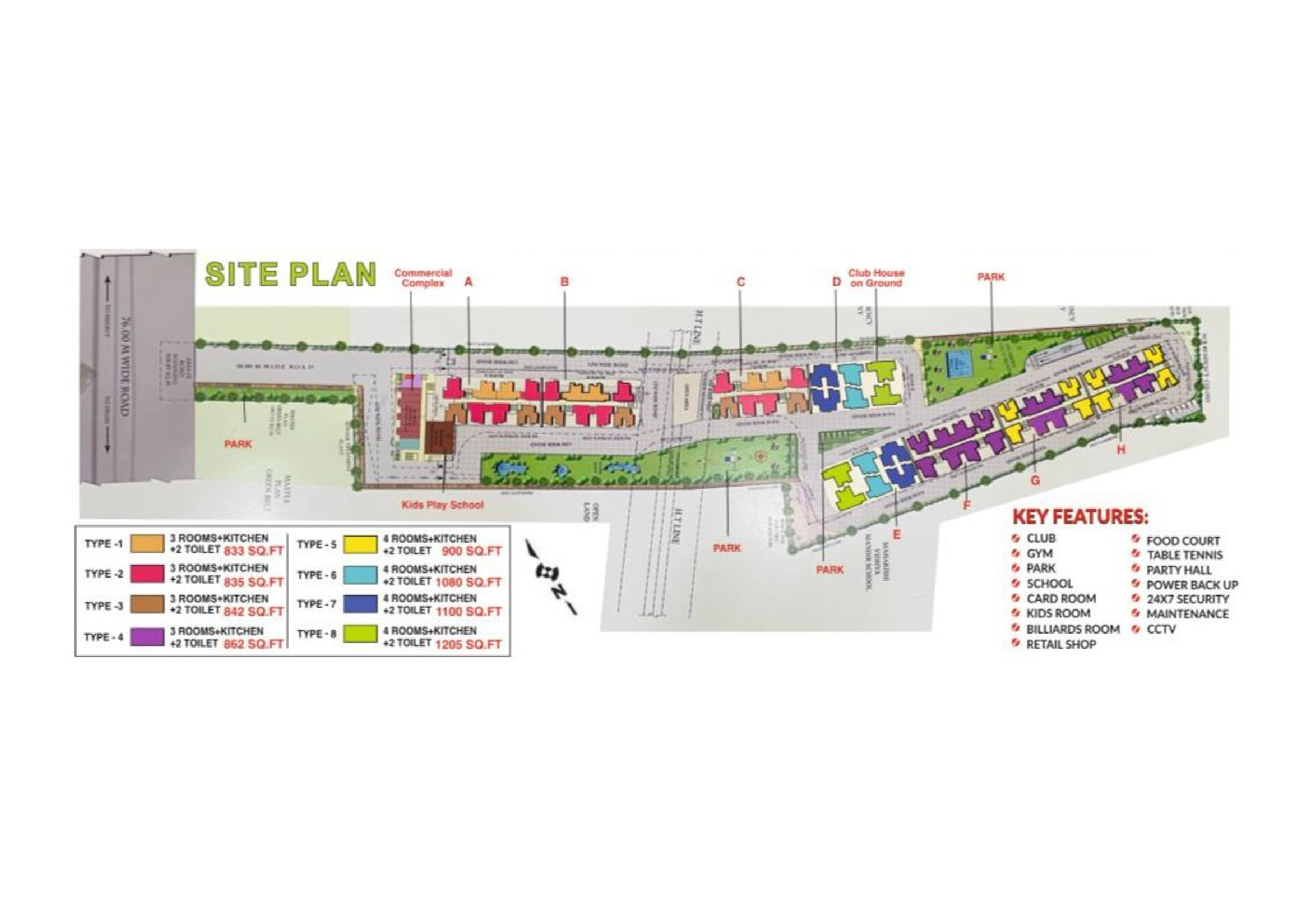 Kannan Greens site plan showing eight towers, the commercial plaza and green areas